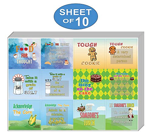 Creanoso Funny Food Idioms Stickers Series II (10-Sheet) â€“ Total 120 pcs (10 X 12pcs) Individual Small Size 2.1 x 2. Inches , Waterproof, Unique Personalized Themes Designs, Any Flat Surface DIY Decoration Art Decal for Boys & Girls, Children, Teens