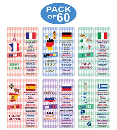 Creanoso European Countries Facts Bookmarks (60-Pack) ÃƒÂ¢Ã¢â€šÂ¬Ã¢â‚¬Å“ Unique Teacher Stocking Stuffer Gifts for Boys, Girls, Kids, Teens, Students ÃƒÂ¢Ã¢â€šÂ¬Ã¢â‚¬Å“ Cool Fact Cards Giveaways ÃƒÂ¢Ã¢â€šÂ¬Ã¢â‚¬Å“ Great Page Clippers Assorted Set