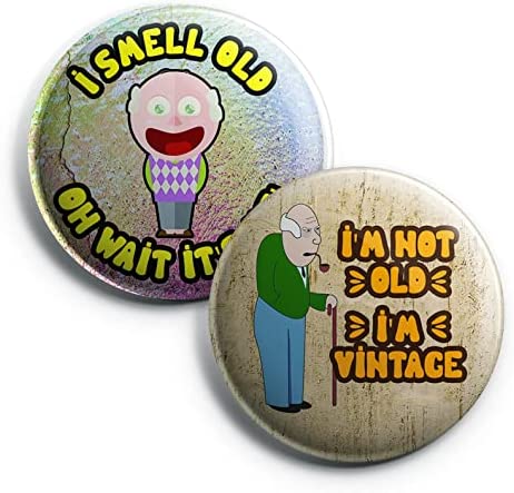 Creanoso Funny Old Age Button Pins (1-Set X 10 Buttons) - Stocking Stuffers Premium Quality Gift Ideas for Children, Teens, & Adults - Corporate Giveaways & Party Favors