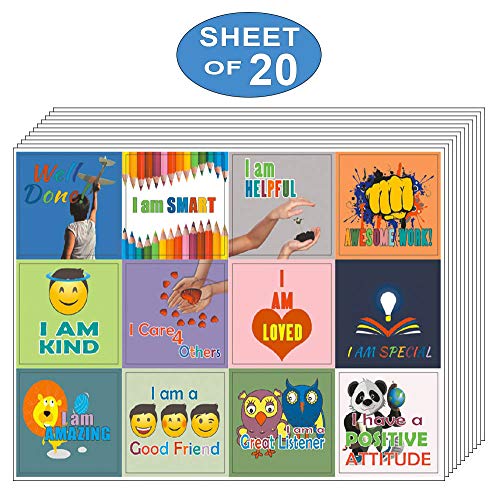 Creanoso Positive Words Sayings for Kids Stickers (20 Sheets) - Inspiring Word Art Decal Surface Stickers â€“ Great Sticker Gifts for Boys, Girls, Kids, Teens â€“ Affirmative Words Sticky Cards Pack