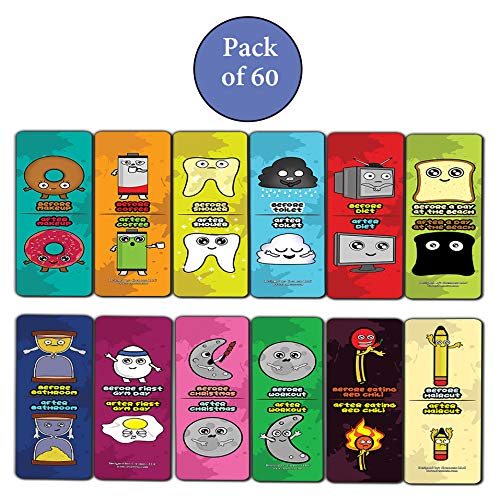 Cute Before and After Illustration Bookmarks (60-Pack) -Learning Reading Bookmarks Collection Set ÃƒÂ¢Ã¢â€šÂ¬Ã¢â‚¬Å“ Stocking Stuffers for Boys, Girls, Kids ÃƒÂ¢Ã¢â€šÂ¬Ã¢â‚¬Å“ Classroom Incentives - Gift Tokens