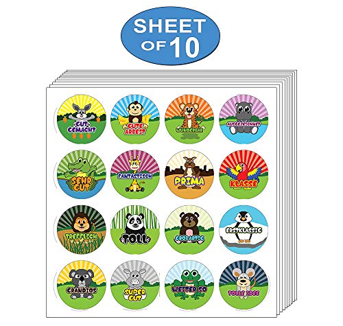 Creanoso Kids German Reward Praise Stickers - Animals (10-Sheets) â€“ Positive Rewards Incentives for Children â€“ Great Stocking Stuffers Educational Languages Sticky Cards â€“ Unique Token Giveaways