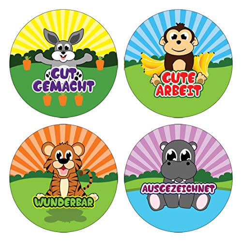 Creanoso Kids German Reward Praise Stickers - Animals (10-Sheets) â€“ Positive Rewards Incentives for Children â€“ Great Stocking Stuffers Educational Languages Sticky Cards â€“ Unique Token Giveaways