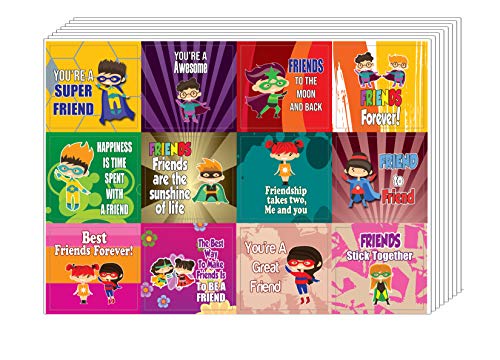 Creanoso Superhero Friendship Stickers (10-Sheet) â€“ Total 120 pcs (10 X 12pcs) Individual Small Size 2.1 x 2. Inches , Waterproof, Unique Personalized Themes Designs, Any Flat Surface DIY Decoration Art Decal for Boys & Girls, Children, Teens