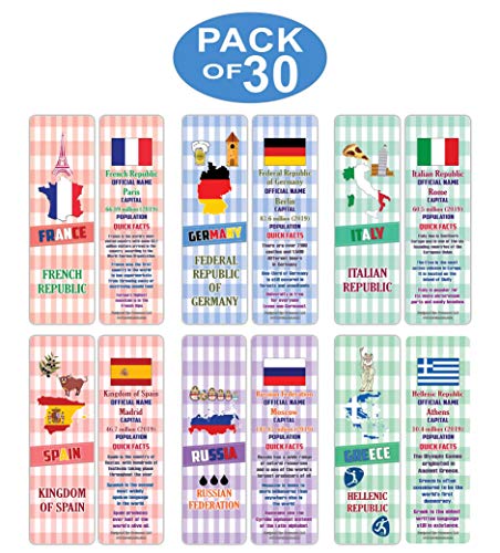 Creanoso Educational Facts European Countries Learning Bookmarks (30-Pack) Ã¢â‚¬â€œ Unique Reading Bookmarks Collection Set Ã¢â‚¬â€œ Stocking Stuffers for Boys, Girls, Kids Ã¢â‚¬â€œ Classroom Incentives - Giveaways