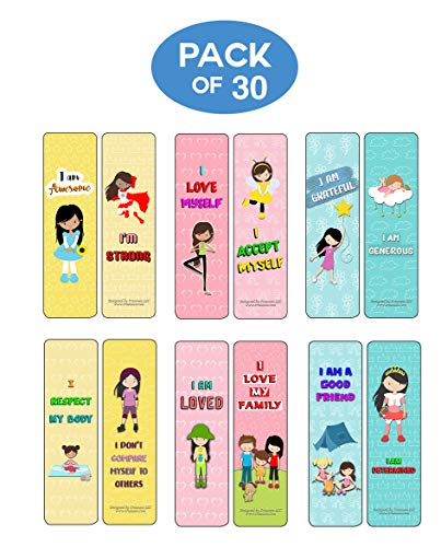 Creanoso Inspirational Cards Bookmarks for Girls - Positive Affirmations to Empower Girls (30-Pack) - Six Bulk Assorted Card Designs Ã¢â‚¬â€œ Book Reading Giveaways