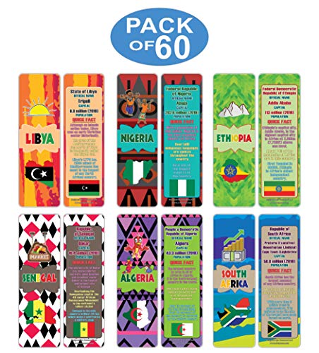 Creanoso African Countries Facts Series 2 Bookmarks (60-Pack) Ã¢â‚¬â€œ Unique Teacher Stocking Stuffer Gifts for Boys, Girls, Kids, Teens, Students Ã¢â‚¬â€œ Cool Fact Cards Giveaways Ã¢â‚¬â€œ Assorted Page Clippers