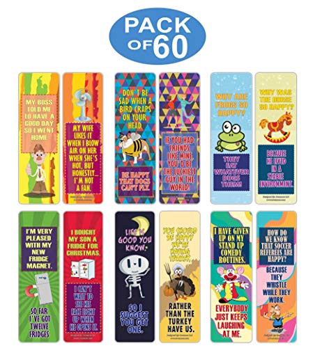 Creanoso Happiness Jokes One Liners Bookmarks (60-Pack) ÃƒÂ¢Ã¢â€šÂ¬Ã¢â‚¬Å“ Six Assorted Bulk Pack Book Page Clippers ÃƒÂ¢Ã¢â€šÂ¬Ã¢â‚¬Å“ Great Stocking Stuffers Gifts for Men, Women, Book Readers ÃƒÂ¢Ã¢â€šÂ¬Ã¢â‚¬Å“ Unique Token Giveaways