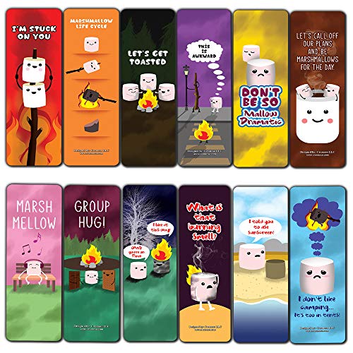 Cute Marshmallow Puns Jokes Bookmarks (30-Pack) - Six Assorted Quality Bookmarker Cards Set Ã¢â‚¬â€œ Premium Gift Token Giveaways for Boys & Girls, Men, Women, Adults Ã¢â‚¬â€œ Cool Book Page Clippers