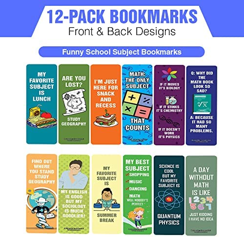 Creanoso Funny School Subject Bookmarks (2-Sets X 6 Cards) â€“ Daily Inspirational Card Set â€“ Interesting Book Page Clippers â€“ Great Gifts for Kids and Teens