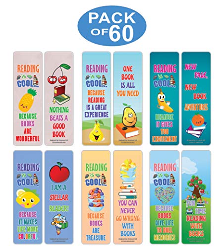 Creanoso Fruits Reading is Cool Educational Bookmarks for Kids (60-Pack) ÃƒÂ¢Ã¢â€šÂ¬Ã¢â‚¬Å“ Six Assorted Quality Bookmarker Cards Bulk Set ÃƒÂ¢Ã¢â€šÂ¬Ã¢â‚¬Å“ Premium Gift Tokens for Kids, Boys, Girls, Teens, Young Bookworms