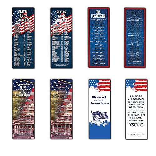 Patriotic Bookmarks Cards (28-Pack) Ã¢â‚¬â€œ American States and Capitals - US Presidents Updated - Proud to be an American - Pledge of Allegiance - Constitution Amendments - Page Markers 4th of July Gifts