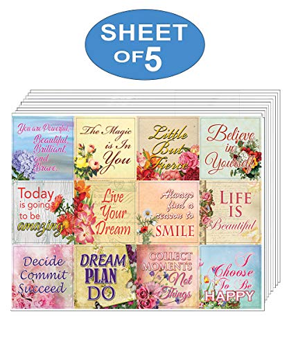 Creanoso Uplifting Quotes for Women Floral Stickers (5-Sheet) ÃƒÂ¢Ã¢â€šÂ¬Ã¢â‚¬Å“ Total 60 pcs (5 X 12pcs) Individual Small Size 2.1" x 2", Unique Personalized Designs, Flat Surface DIY Decoration Art Decal for Kids