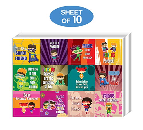 Creanoso Superhero Friendship Stickers (10-Sheet) â€“ Total 120 pcs (10 X 12pcs) Individual Small Size 2.1 x 2. Inches , Waterproof, Unique Personalized Themes Designs, Any Flat Surface DIY Decoration Art Decal for Boys & Girls, Children, Teens