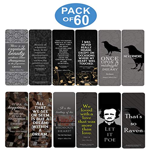 Edgar Allen Poe The Raven Bookmark Cards (60-Pack) - Nevermore - Cool Bookworm Gifts - Unique Reading Bookmarks for Books - Notebook Journal Scrapbooking Decor Art