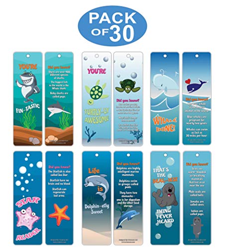 Creanoso Fun Learning Facts Under the Sea Bookmarks (30-Pack) Ã¢â‚¬â€œ Six Sea Creatures Facts Bookmark Design Bulk Set Ã¢â‚¬â€œ Premium Quality Book Clippers for Kids, Boys, Girls