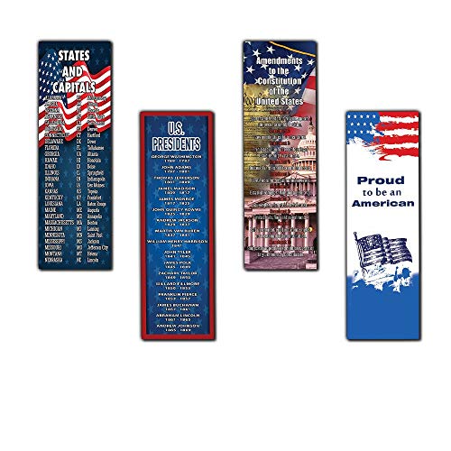 American Patriotic Bookmarks Cards (12-Pack) - States and Capitals - US Presidents Updated - Proud to be an American - Pledge of Allegiance - Constitution Amendments - Page Markers 4th of July Gifts