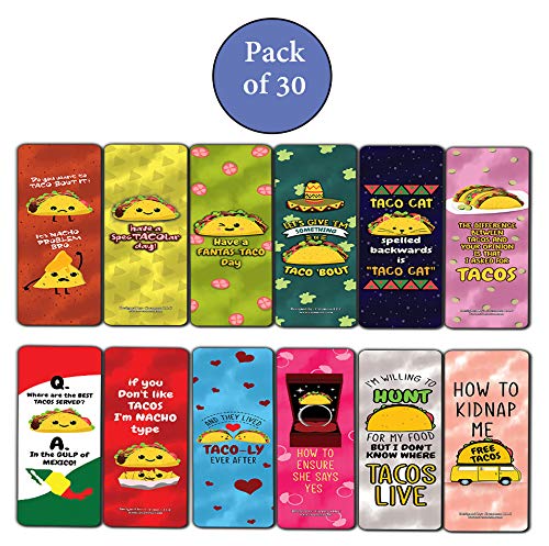 Funny Tacos Puns Jokes Bookmarks (30-Pack) - Six Assorted Quality Bookmarker Cards Set Ã¢â‚¬â€œ Premium Gift Token Giveaways for Boys & Girls, Men, Women, Adults Ã¢â‚¬â€œ Cool Book Page Clippers