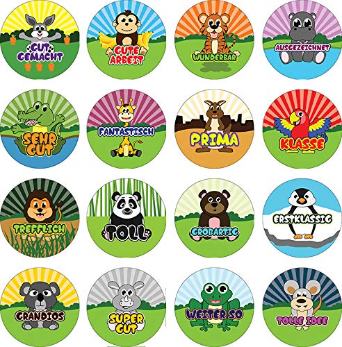 Creanoso Kids German Reward Praise Stickers - Animals (10-Sheets) â€“ Positive Rewards Incentives for Children â€“ Great Stocking Stuffers Educational Languages Sticky Cards â€“ Unique Token Giveaways