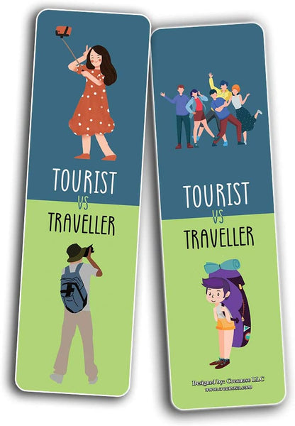 Funny Tourist VS Traveller Bookmark Card (60 Pack) - Great Party Favors Card Lot Set â€“ Epic Collection Set Book Page Clippers â€“ Cool Gifts for Children, Boys, Girls