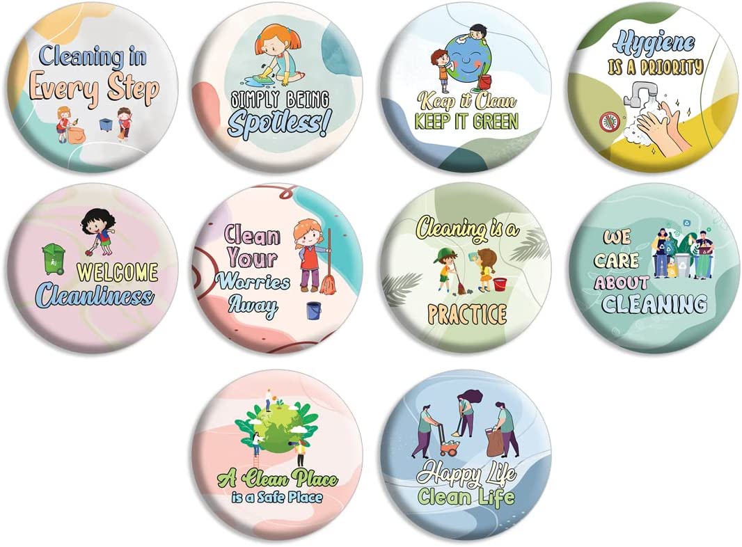 Creanoso Clean Up Badge Pinback buttons (1-Set X 10 Buttons) - Stocking Stuffers Premium Quality Gift Ideas for Children, Teens, & Adults - Corporate Giveaways & Party Favors