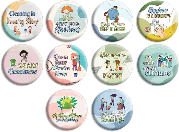 Creanoso Clean Up Badge Pinback buttons (1-Set X 10 Buttons) - Stocking Stuffers Premium Quality Gift Ideas for Children, Teens, & Adults - Corporate Giveaways & Party Favors