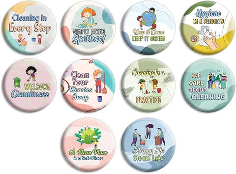 Creanoso Clean Up Badge Pinback buttons (1-Set X 10 Buttons) - Stocking Stuffers Premium Quality Gift Ideas for Children, Teens, & Adults - Corporate Giveaways & Party Favors