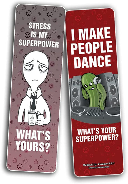 Creanoso Funny What's your Superpower Bookmarks (10-Sets X 6 Cards) â€“ Daily Inspirational Card Set â€“ Interesting Book Page Clippers â€“ Great Gifts for Kids and Teens