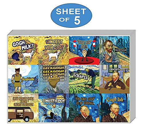 Creanoso Funny Stickers - Obsessed with Van Gogh Stickers Series 3 (5-Sheet) â€“ Total 60 pcs (5 X 12pcs) Individual Small Size 2.1" x 2", Unique Themes Designs, Flat Surface DIY Art Decal for Children