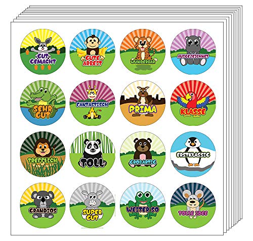 Creanoso Kids German Reward Praise Stickers - Animals (10-Sheets) â€“ Positive Rewards Incentives for Children â€“ Great Stocking Stuffers Educational Languages Sticky Cards â€“ Unique Token Giveaways