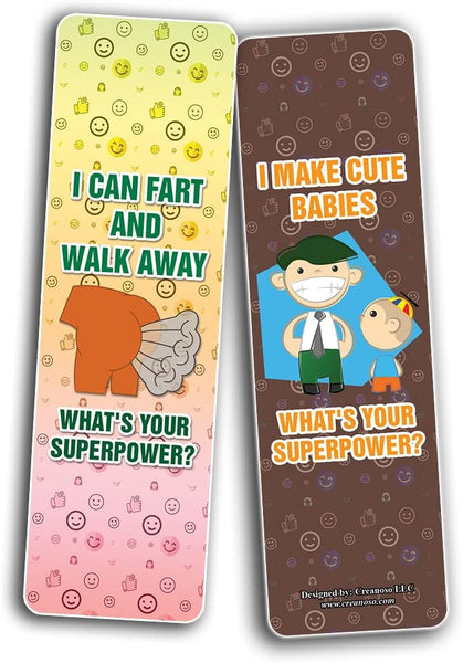 Creanoso Funny What's your Superpower Bookmarks (10-Sets X 6 Cards) â€“ Daily Inspirational Card Set â€“ Interesting Book Page Clippers â€“ Great Gifts for Kids and Teens