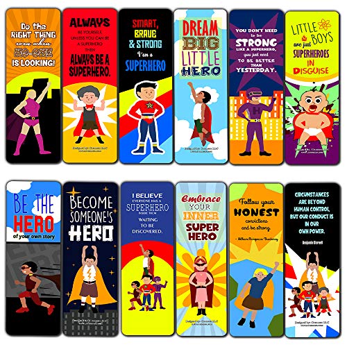 Creanoso Motivational Superhero Sayings Bookmarks for Kids (30-Pack) - Stocking Stuffers Gift Ideas for Children Ã¢â‚¬â€œ Book Reading Supplies Ã¢â‚¬â€œ Cool Giveaways for Boys and Girls Ã¢â‚¬â€œ Great Book Page Clippers