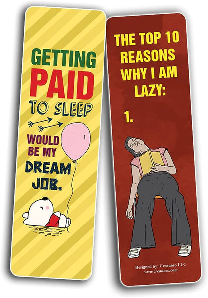 Creanoso Funny Lazy Bookmarks (12-Pack) - Stocking Stuffers Incentive Gift Ideas for Teens and Adults