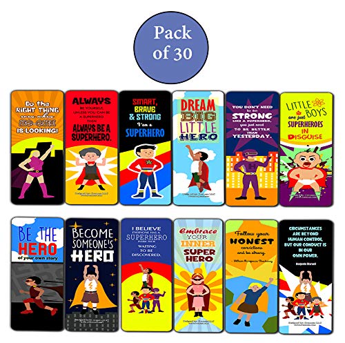 Creanoso Motivational Superhero Sayings Bookmarks for Kids (30-Pack) - Stocking Stuffers Gift Ideas for Children Ã¢â‚¬â€œ Book Reading Supplies Ã¢â‚¬â€œ Cool Giveaways for Boys and Girls Ã¢â‚¬â€œ Great Book Page Clippers