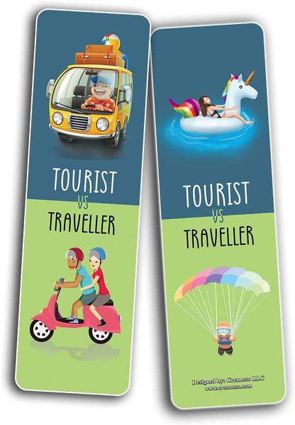 Funny Tourist VS Traveller Bookmark Card (60 Pack) - Great Party Favors Card Lot Set â€“ Epic Collection Set Book Page Clippers â€“ Cool Gifts for Children, Boys, Girls