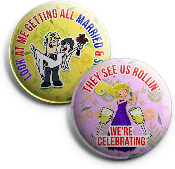 Creanoso Funny Bridal Shower Button Pins (1-Set X 10 Buttons) - Stocking Stuffers Premium Quality Gift Ideas for Children, Teens, & Adults - Corporate Giveaways & Party Favors