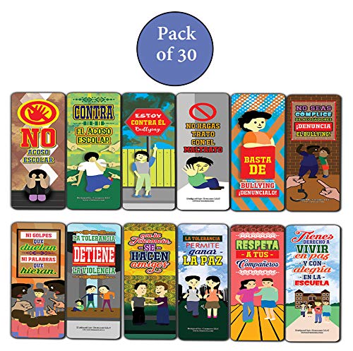 Creanoso Spanish Anti Bullying No Acoso Escolar Bookmarks (30-Pack) - Inspirational and Motivational Sayings Bookmarker Cards Ã¢â‚¬â€œ Assorted Pack Collection for Inspiring Book Reader and Lovers
