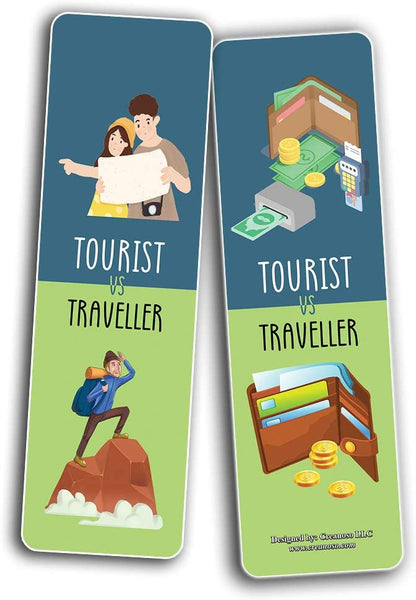 Funny Tourist VS Traveller Bookmark Card (60 Pack) - Great Party Favors Card Lot Set â€“ Epic Collection Set Book Page Clippers â€“ Cool Gifts for Children, Boys, Girls