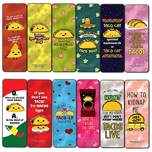 Funny Tacos Puns Jokes Bookmarks (30-Pack) - Six Assorted Quality Bookmarker Cards Set Ã¢â‚¬â€œ Premium Gift Token Giveaways for Boys & Girls, Men, Women, Adults Ã¢â‚¬â€œ Cool Book Page Clippers
