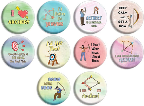 Creanoso Archery Pin buttons (1 X 10 Designs) - Stocking Stuffers Premium Quality Gift Ideas for Children, Teens, & Adults - Corporate Giveaways & Party Favors