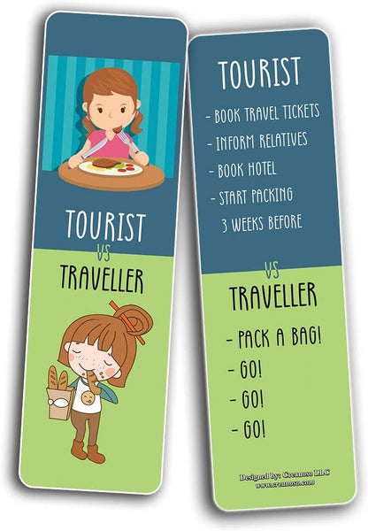 Funny Tourist VS Traveller Bookmark Card (60 Pack) - Great Party Favors Card Lot Set â€“ Epic Collection Set Book Page Clippers â€“ Cool Gifts for Children, Boys, Girls