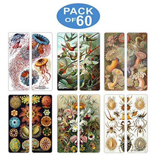 Creanoso Ernst Haeckel Unique Bookmarker Bulk Series 1 (60-Pack) - Art Forms from Nature - Sea Creatures Botanical Birds Species - Premium Quality Sturdy Bookmarks