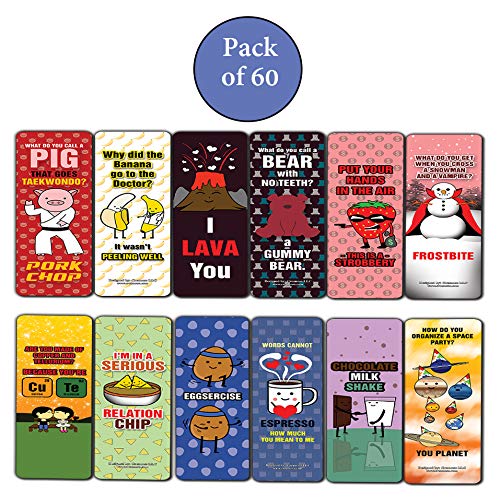 Cute Jokes and Puns Bookmarks (60-Pack) - Stocking Stuffers Encouragement Gifts for Boys, Girls, Teen, Men Women - Incentive Reward Ideas