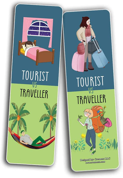 Funny Tourist VS Traveller Bookmark Card (60 Pack) - Great Party Favors Card Lot Set â€“ Epic Collection Set Book Page Clippers â€“ Cool Gifts for Children, Boys, Girls