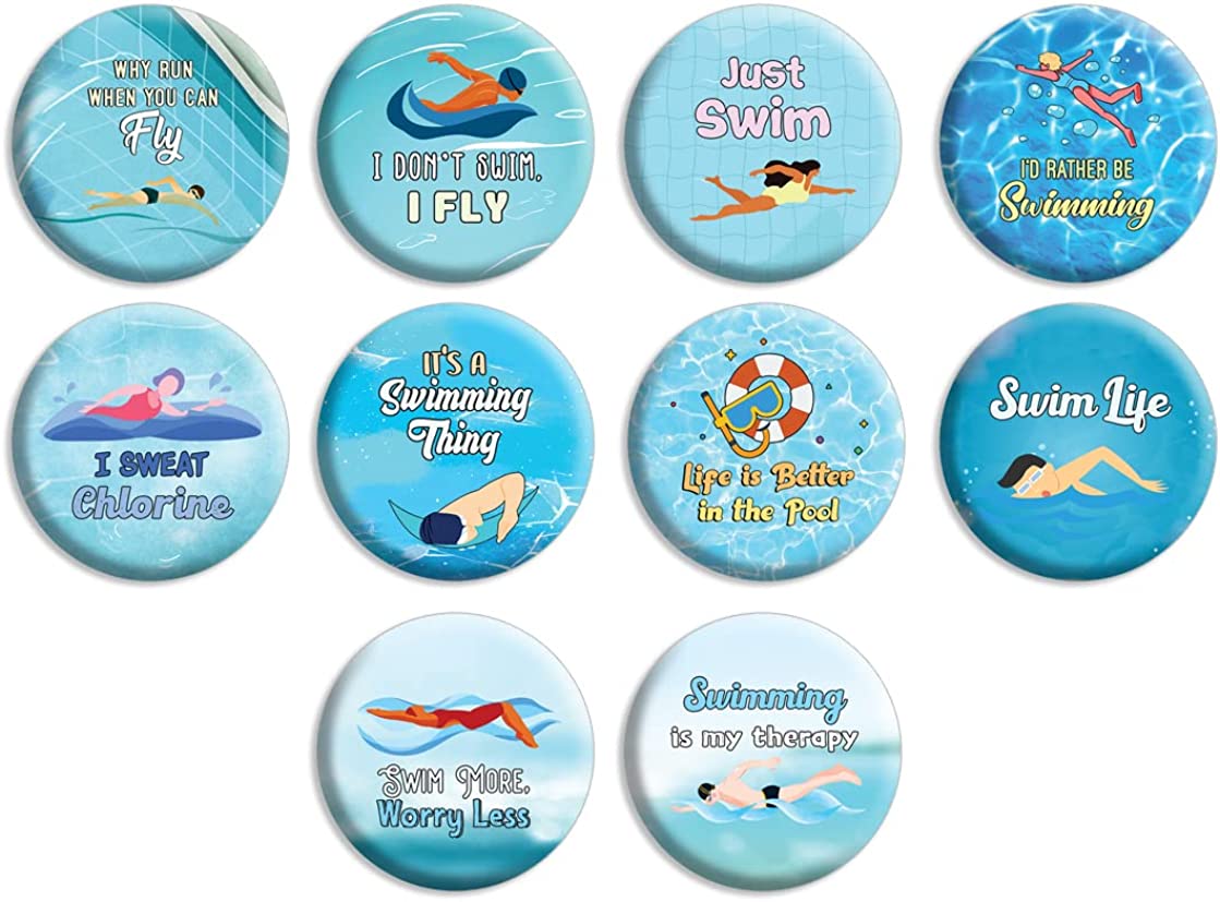 Creanoso Swimming Pin buttons (1 X 10 Designs) - Stocking Stuffers Premium Quality Gift Ideas for Children, Teens, & Adults - Corporate Giveaways & Party Favors