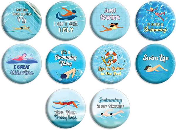 Creanoso Swimming Pin buttons (1 X 10 Designs) - Stocking Stuffers Premium Quality Gift Ideas for Children, Teens, & Adults - Corporate Giveaways & Party Favors