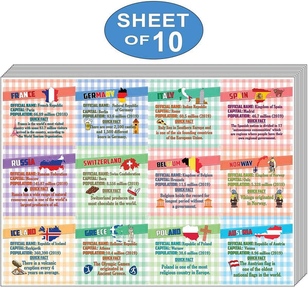 Creanoso European Countries Fact Stickers (10-Sheet) â€“ Total 120 pcs (10 X 12pcs) Individual Small Size 2.1 x 2. Inches , Waterproof, Unique Personalized Themes Designs, Any Flat Surface DIY Decoration Art Decal for Boys & Girls, Children, Teens