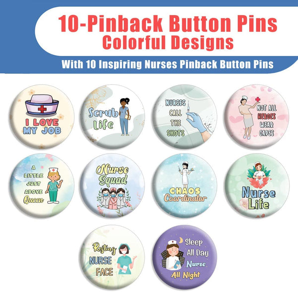 Creanoso Nurse Life Pinback Buttons (1-Set X 10 Buttons) - Stocking Stuffers Premium Quality Gift Ideas for Children, Teens, & Adults - Corporate Giveaways & Party Favors