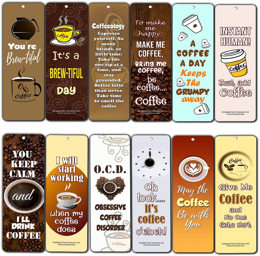 Creanoso Powerful Coffee Sayings Quotes Series II Awesome Bookmarks Gift (60-Pack) ÃƒÂ¢Ã¢â€šÂ¬Ã¢â‚¬Å“ Six Assorted Quality Bookmarks Bulk Set ÃƒÂ¢Ã¢â€šÂ¬Ã¢â‚¬Å“ Premium Gift for Baristas Coffee Drinkers Lovers Cafeteria Decal
