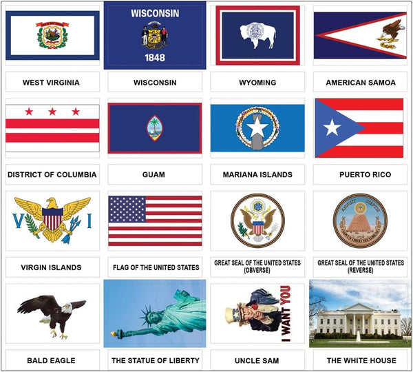 Creanoso US States and Territories Flags and American Symbols Stickers (2-Sets) - 8 Sheets